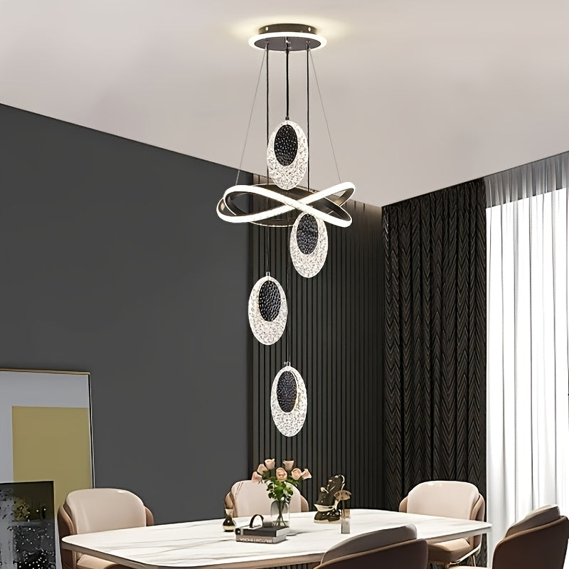 Modern LED Indoor Pendant Light with 4 Oval Disc-Shaped Pendants, 3-Color Temperature Adjustable Lighting Fixture