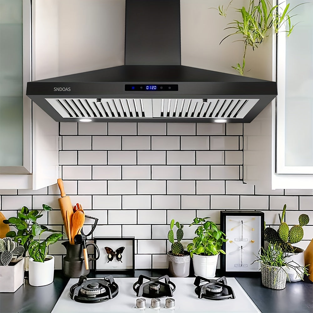 30-Inch Wall-Mounted Range Hood, 450 CFM Ventilation, Touch Control, Stainless Steel Design, LED Lighting, 3-Speed Fan, Available in Black and Silver
