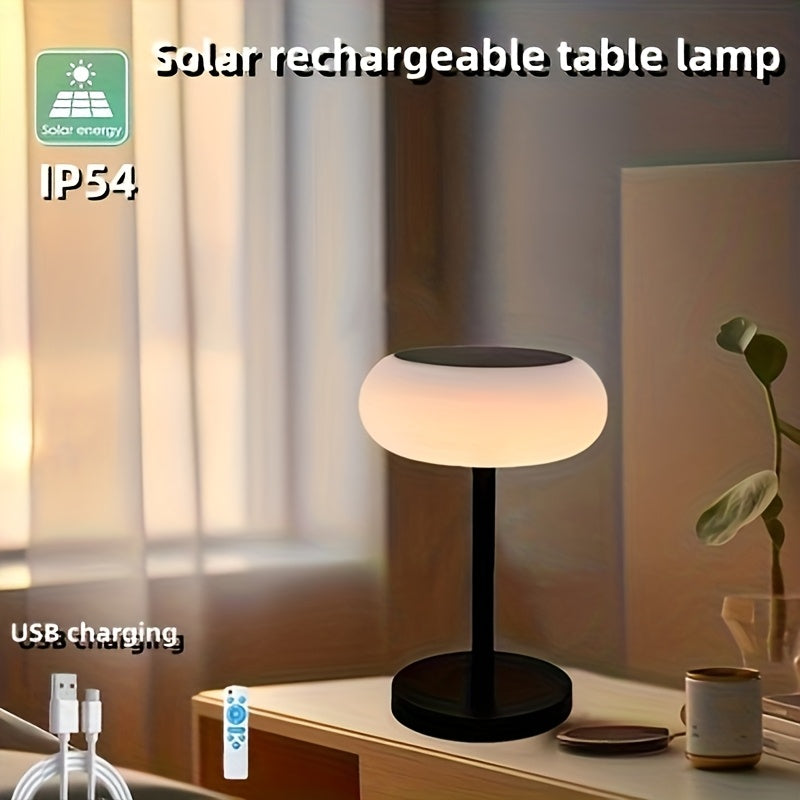 A rechargeable table lamp with smart remote control and dusk-to-dawn activation sensor. This wireless bedside lamp can be powered by solar energy and offers adjustable brightness, perfect for camping.