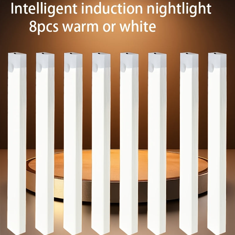 8-pack smart motion sensor LED light, household lighting tube, USB rechargeable + magnetic installation, suitable for cabinets, wardrobes, bookshelves, sinks, DIY night light. Bookshelf lighting, cabinet lighting, minimalist design