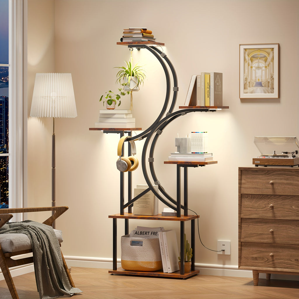 Indoor Plant Stand with Grow Light, 6/7-Tier Multi-layer Large Polygonal Metal Curved Display Shelf, Ideal for Balcony, Home Decor and Christmas Decoration