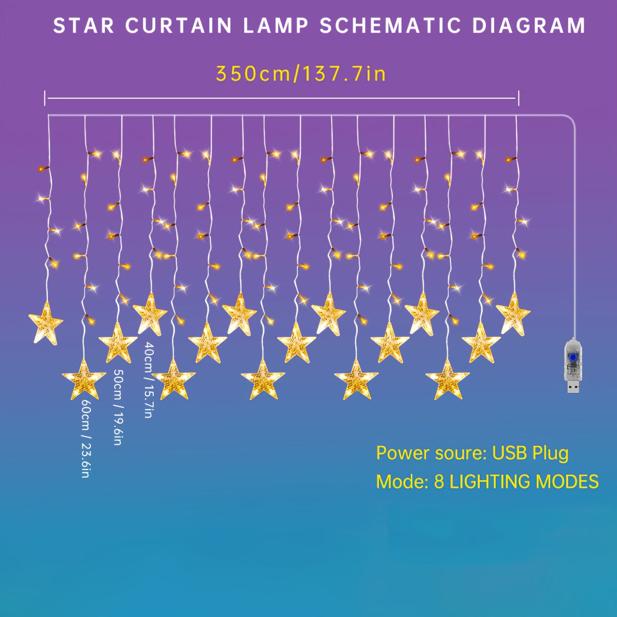1个装，耐用星星窗帘灯 160LED，USB供电，8种照明模式，非常适合母亲节、斋月、新年，装饰房屋、花园、窗户、卧室、宴会、婚礼、舞会、礼品的理想选择（不含电池）