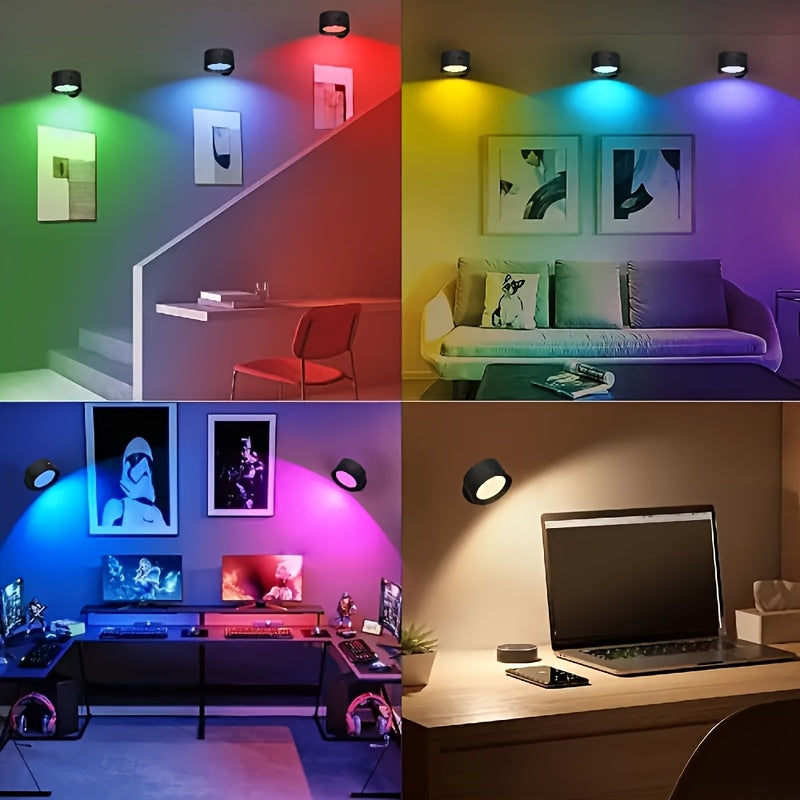 Smart RGB Ambient Wall Light, Remote and Touch Dimming, 12 Colors and 6 Brightness Levels, Rechargeable Magnetic 360° Rotation, Cordless Lighting for Living Room, Bedside, Hallway (Remote Control Battery Not Included)