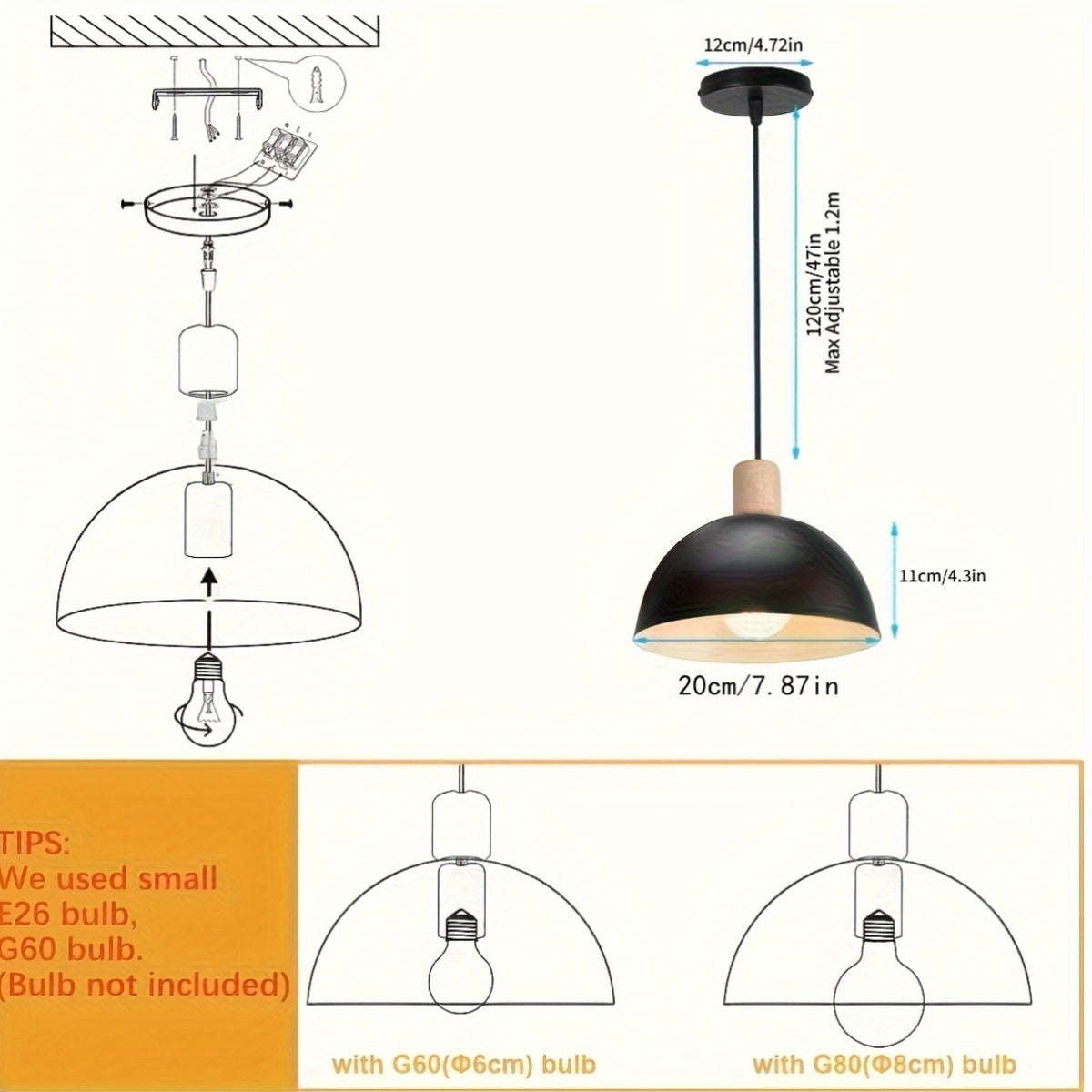 Semi-circular pendant light vintage round iron chandelier modern ceiling light metal wood hanging pendant light suitable for bedroom, dining room, kitchen, restaurant (bulb not included!!!)