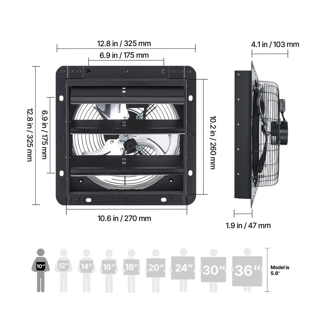 VEVOR 10/12/14/20/24 Inch Window Shutter Exhaust Fan, Wall Mounted Attic Vent Fan with Variable Speed Controller, AC Motor, Heavy Gauge Steel, Low Noise, Black, Ideal for Shed Garage Greenhouse Ventilation Cooling