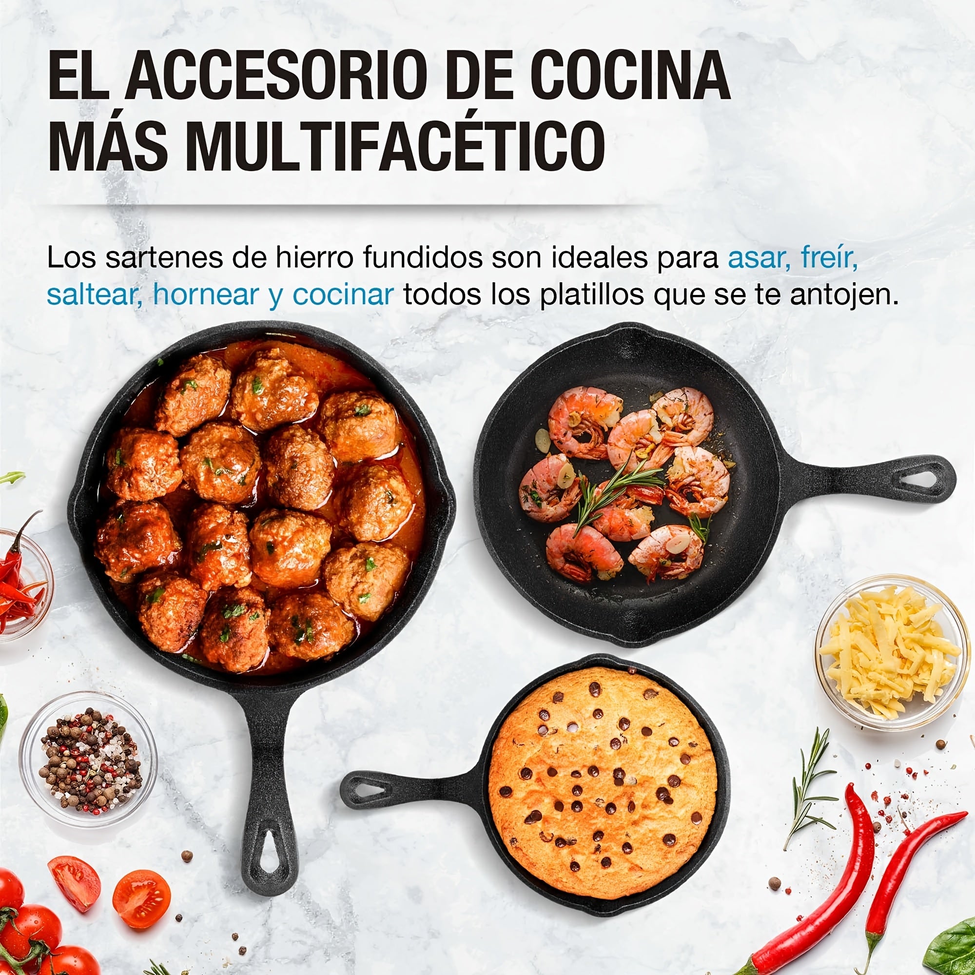 3/4 Pcs Cast Iron Skillet Set, Excellent Heat Retention, Indoor & Outdoor Cooking Available, Restaurant Chef Grade Frying Pan, Ideal for Cooking & Gifting, Local Warehouse Shipping