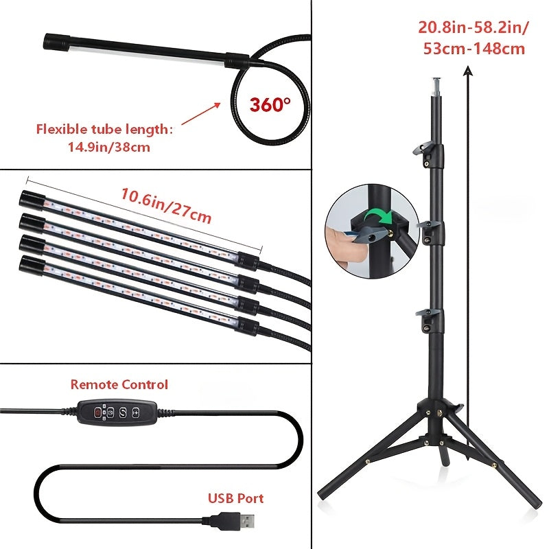 3-Head Foldable Strip Plant Grow Light, Adjustable Height & Irradiation Angle, Foldable Bracket with Timing Function, Ideal for Indoor Succulent Seedling Growth and Supplemental Lighting