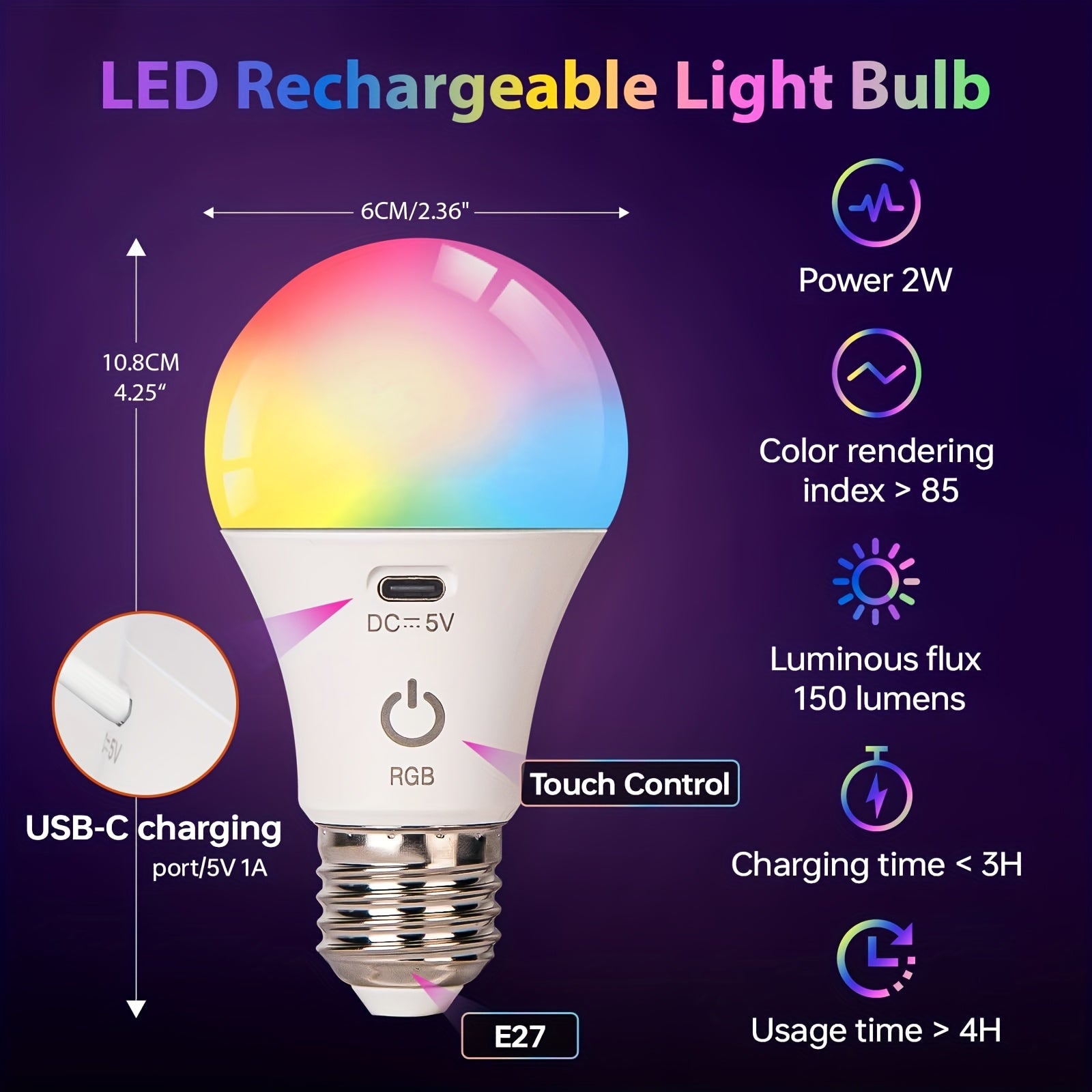 Rechargeable LED bulb with remote control, detachable, ambiance light, table lamp, wall lamp, puck light, emergency light, 15 colors lighting, USB rechargeable LED bulb with hook - portable high brightness, suitable for bedroom, living room