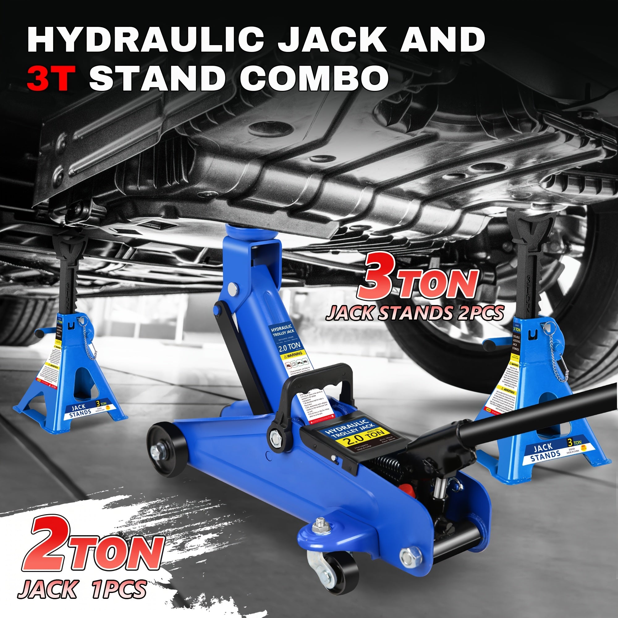 2/2.5/3 Ton Capacity Low-Profile Garage Hydraulic Jack Combo Kit, Optional: 2 Ratchet-Type 3-Ton Jack Stands, Tire Repair Tool Kit, 14-Inch Lug Wrench, Wheel Chocks for SUV/Sedan/Truck