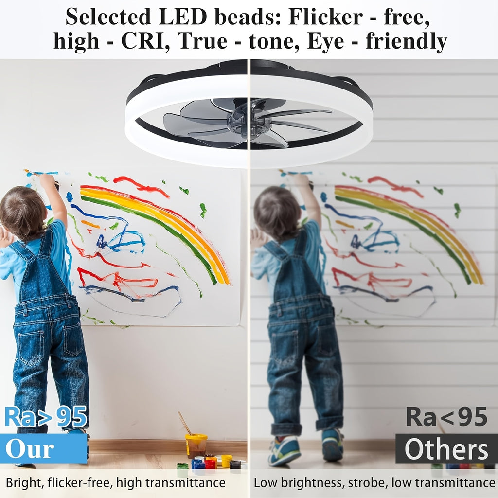 A modern metal ceiling fan, size from 15.75 inches to 19.7 inches, with light. Very suitable for bedrooms, studies and living rooms. It has six wind speeds, adjustable brightness, and is versatile and easy to install.