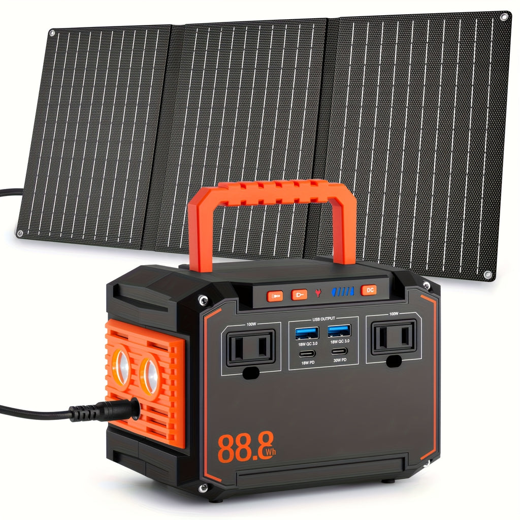 350W/150W峰值行動式太陽能發電機，隨附60W/40W/30W/21W太陽能板，240Wh/111Wh/88.8Wh太陽能充電寶，配備交流/直流/USB介面，適用於露營帳篷、戶外應急、家庭使用、持續氣道正壓通氣機（CPAP）、風扇、膝上型電腦、緊急情況、禮品