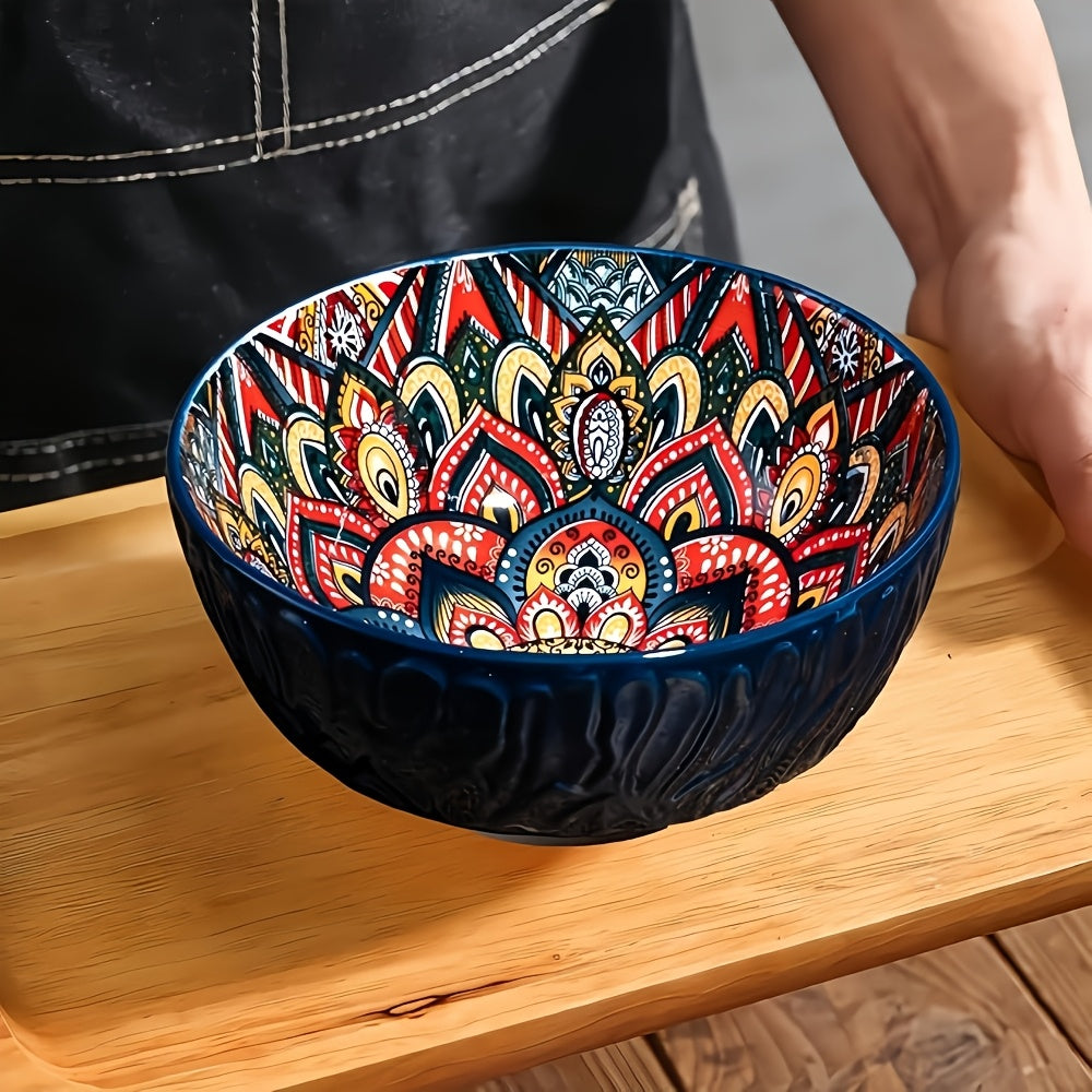 4-Piece Bohemian Style Ceramic Bowl Set, 6.5-Inch, Pattern Design, Striped Salad Bowl, Multi-Purpose – Perfect for Cereal, Soup, Oatmeal, Pasta Bowl, Large Salad Bowl