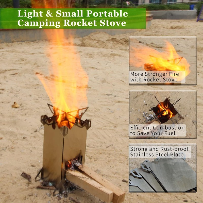 Portable Wood Burning Camping Stove - Outdoor Rocket Stove with Chimney System, Efficient Combustion, Foldable & Lightweight (Works with Wood, Charcoal, Coal, Solid Fuel) - Ideal for Hiking, Survival, RV, BBQ, Picnic -