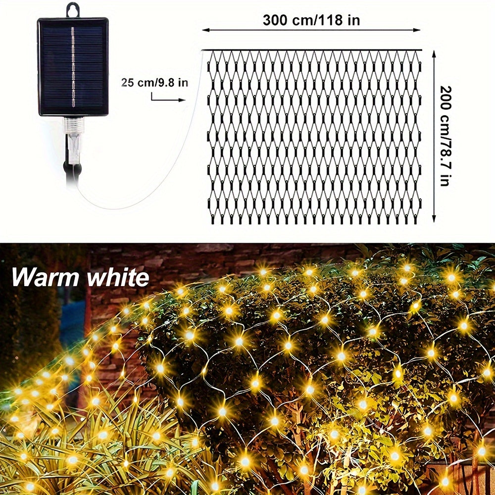 1包太阳能网灯-192 LED，9.8英尺x 6.6英尺8模式LED闪光网灯，适用于室外/室内使用-非常适合树木、景观、花园、屋顶、阳台、墙壁装饰-非常适合婚礼、生日、圣诞节、万圣节、派对 IP44