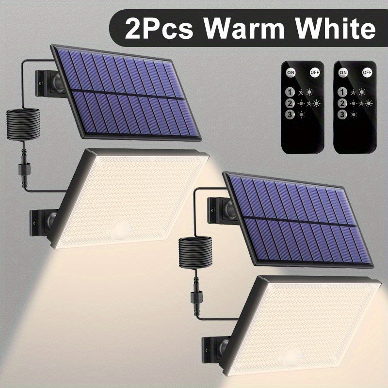 1/2 Pack 400 LED Solar Street Light with Remote Control for Outdoor - Warm and Cool Light Optional, Night Light Sensor Courtyard Light with Remote, Security Lighting, 3 Lighting Modes, Split Wall Light, Perfect for Garden, Courtyard and Garage