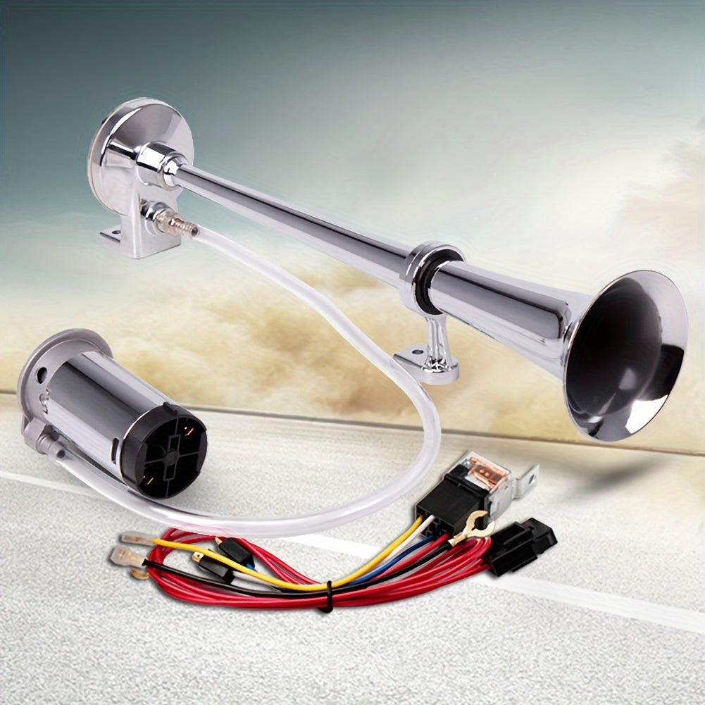 ALLREY 12V Air Horn Kit, Super Loud 18 Inch Single Horn Truck Horn, Train Horn with Compressor, Fits Any 12V Vehicle, Silver Black Button