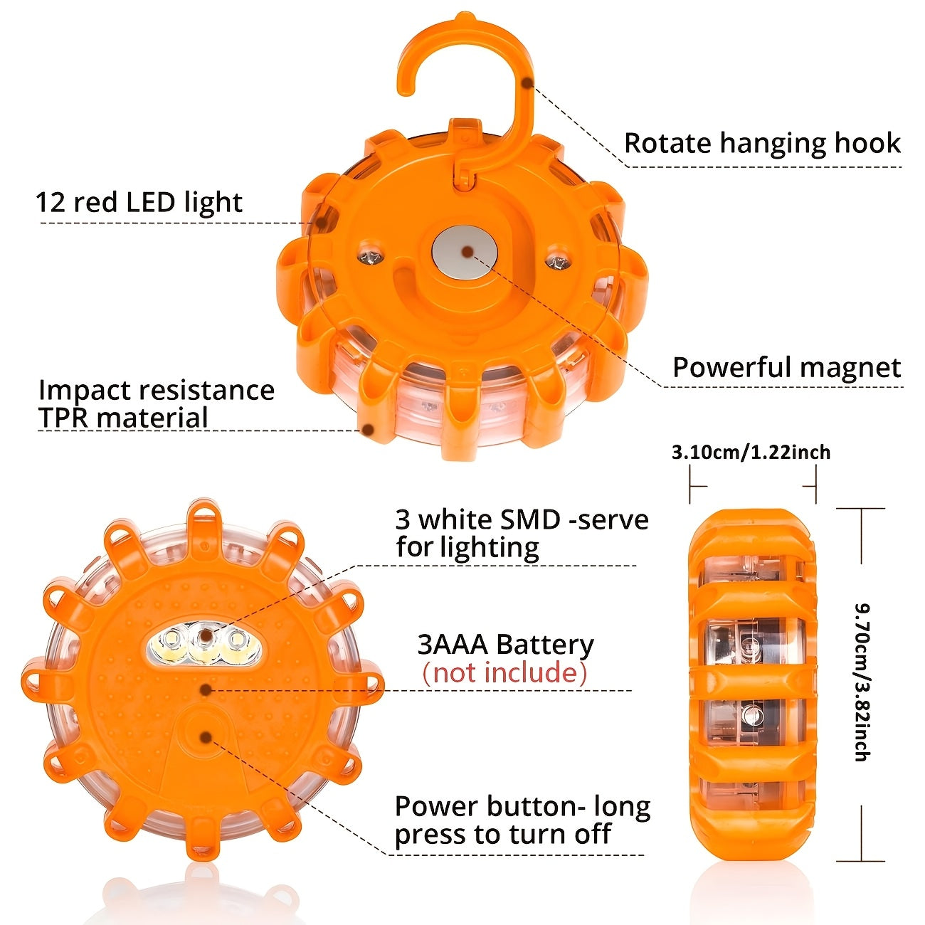 3Pcs LED Road Signal Emergency Light Set, 9 Lighting Modes, Strong Magnetic Hook, Road Rescue Search Tool, Car Accident Inspection Light, Safety Warning Accessories