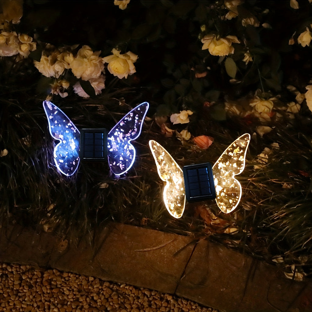 Solar Butterfly Light, Acrylic Wings with Gold Foil Decoration, Dual-Purpose Ground/Wall Light, Suitable for Courtyard, Villa, Garden and Path Ambient Lighting
