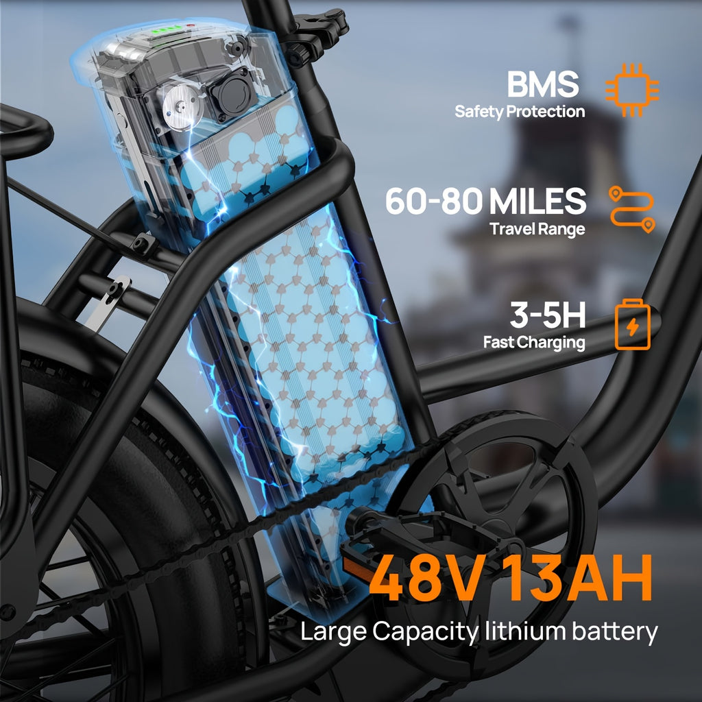 20x3英寸轮胎电动探险自行车 - 745W电机，48V 13Ah可拆卸电池，20英里/小时，7速变速，双碟刹 - 探索山路与征服城市通勤