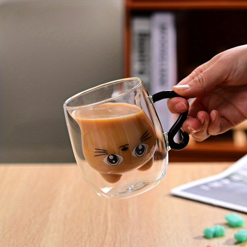One Cute Cat-Themed Glass Mug, Hollow Double-Wall Insulated Cup for Coffee & Milk, Suitable for Espresso and Beverages, Ideal for All Seasons, Perfect Gift Item