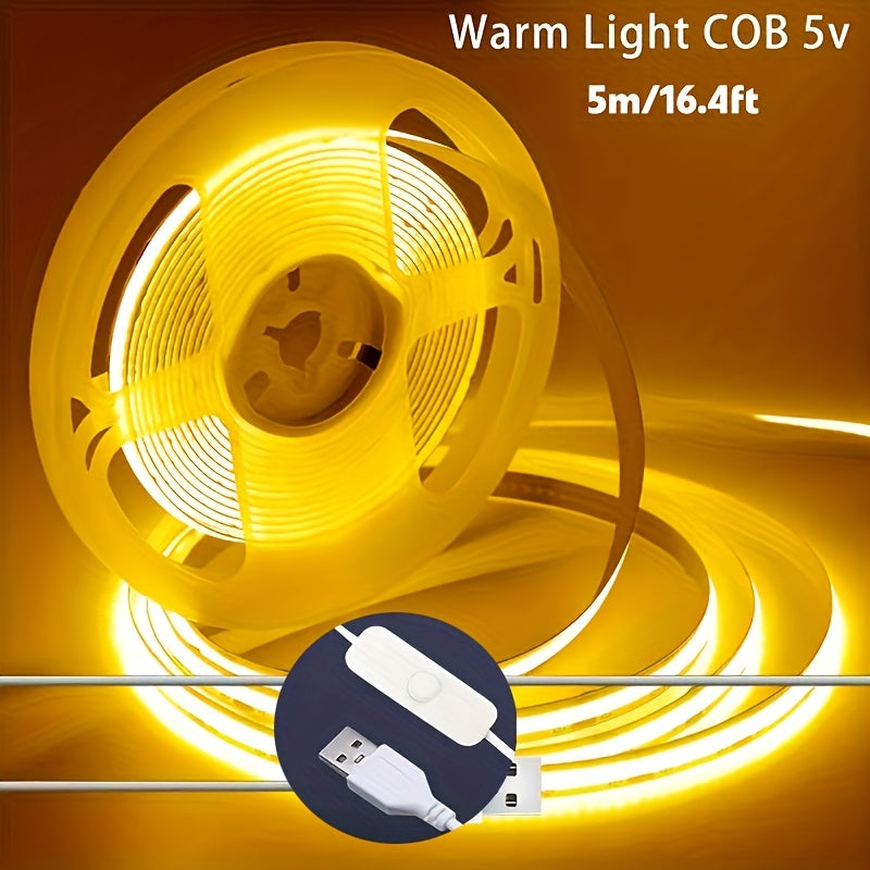 LED灯带带开关 - 5V USB供电高亮柔光，适用于梳妆台镜子、电视背光、DIY装饰、家居氛围及派对活动
