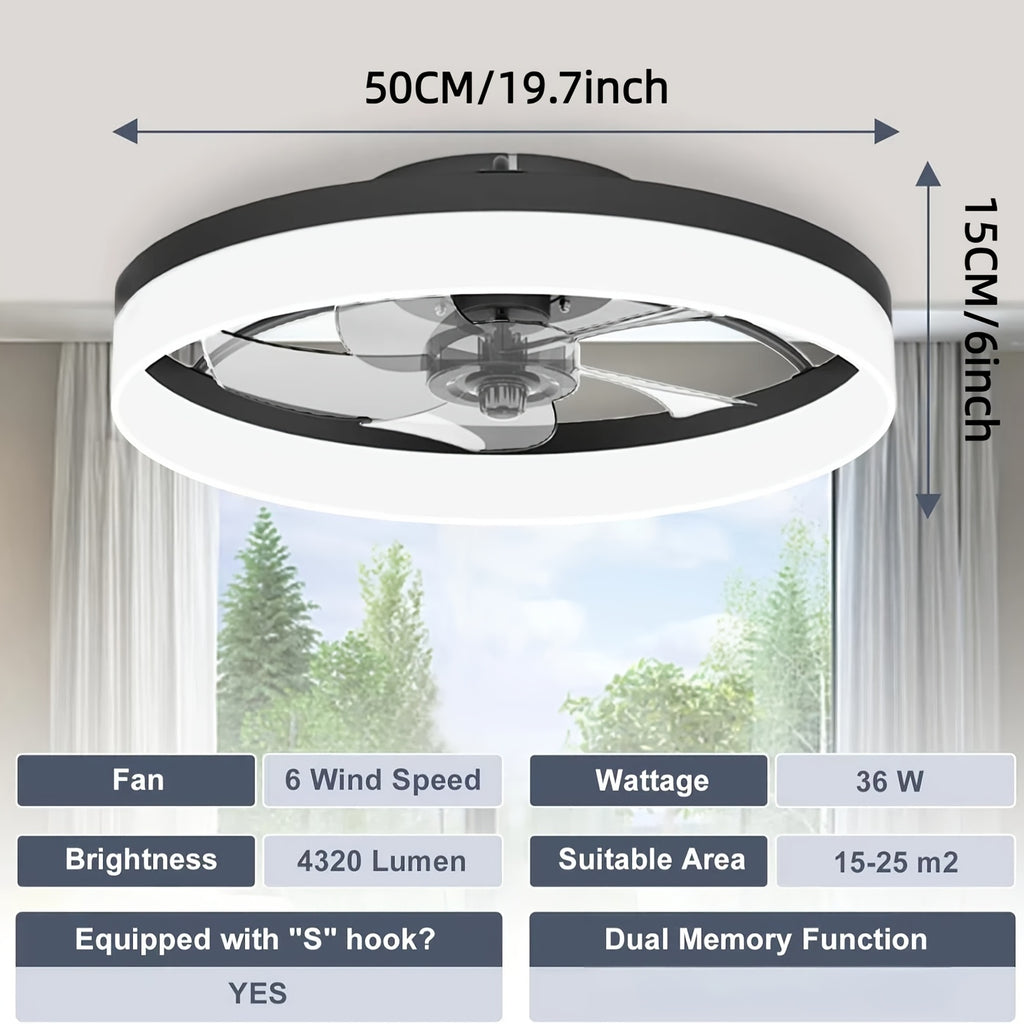 A modern metal ceiling fan, size from 15.75 inches to 19.7 inches, with light. Very suitable for bedrooms, studies and living rooms. It has six wind speeds, adjustable brightness, and is versatile and easy to install.