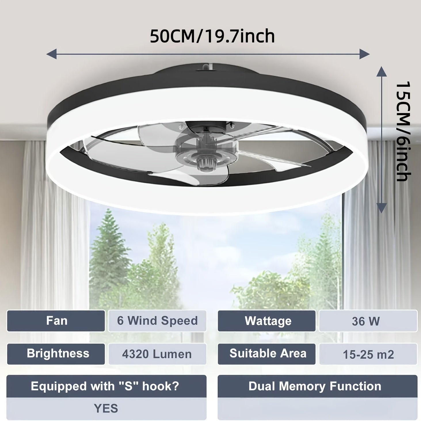 A modern metal ceiling fan, size from 15.75 inches to 19.7 inches, with light. Very suitable for bedrooms, studies and living rooms. It has six wind speeds, adjustable brightness, and is versatile and easy to install.