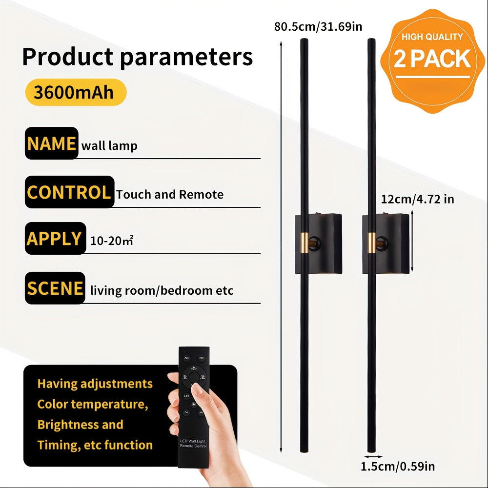 Battery-powered wall light set: 3600mAh rechargeable wall light with remote control, 360° rotatable cordless wall light decoration, suitable for TV/mirror bedroom living room, plastic base metal lamp tube