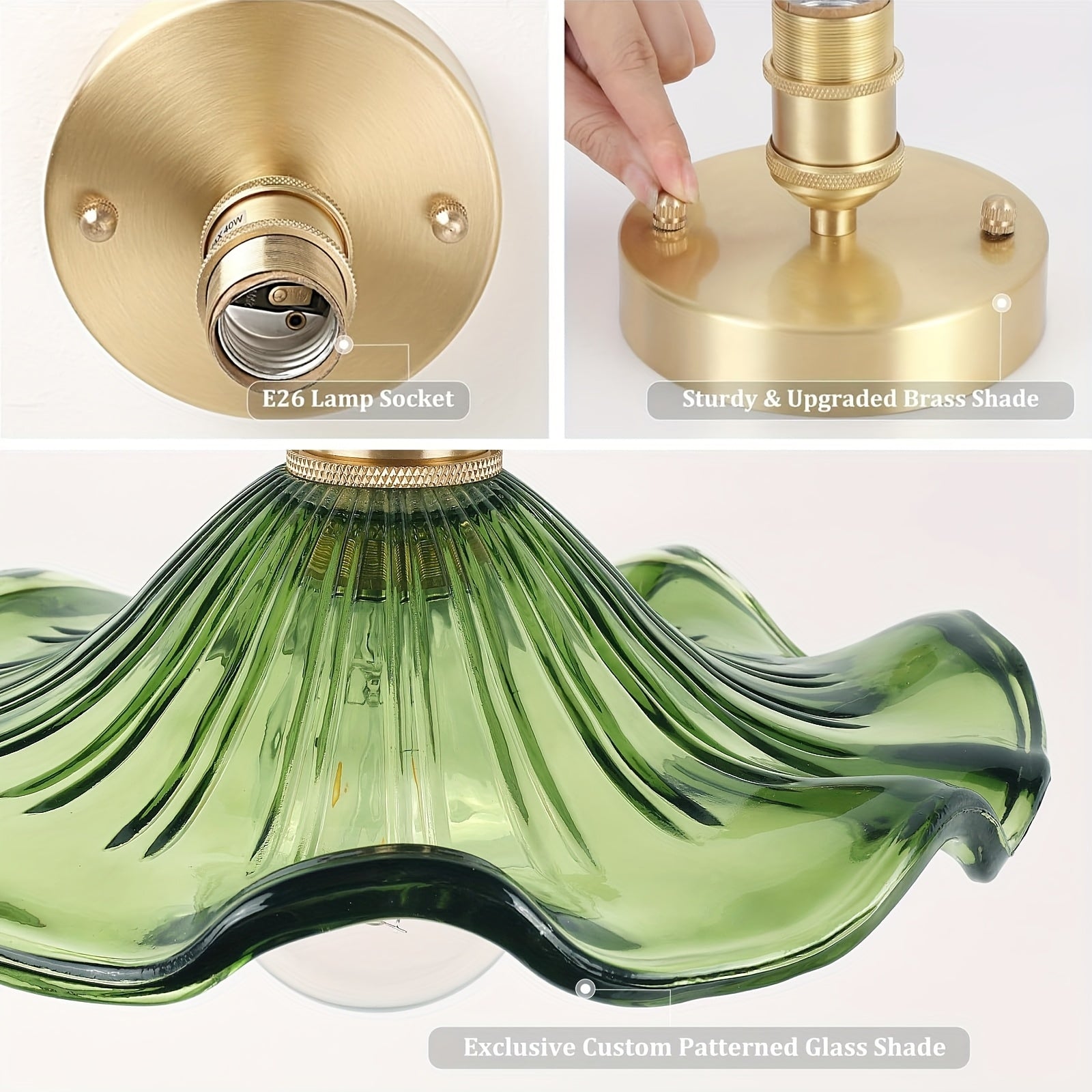 Semi-flush mount ceiling light, gold hallway vintage light fixture ceiling, with green water lily glass, 4.72-inch base modern ceiling light, suitable for porch, kitchen, bedroom (E27 base, bulb not included)