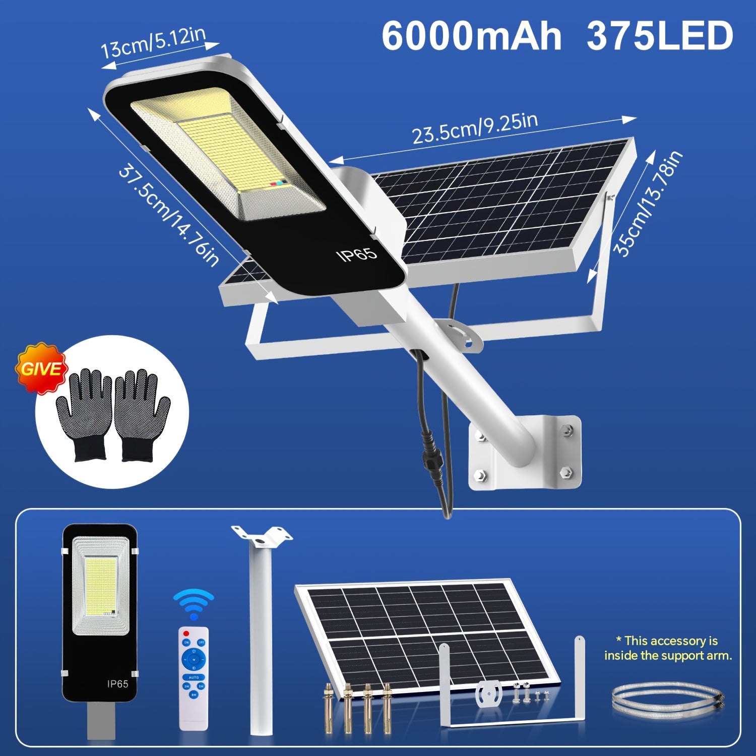 1pc Solar Outdoor Super Bright Street Light Courtyard Light, IP65 Outdoor Waterproof, 6500K White Light, with Remote Control, Light Control Smart Switch, with 6000mAh Large Capacity Battery, Dusk to Dawn, Perfect for Garden, Street, Pathway