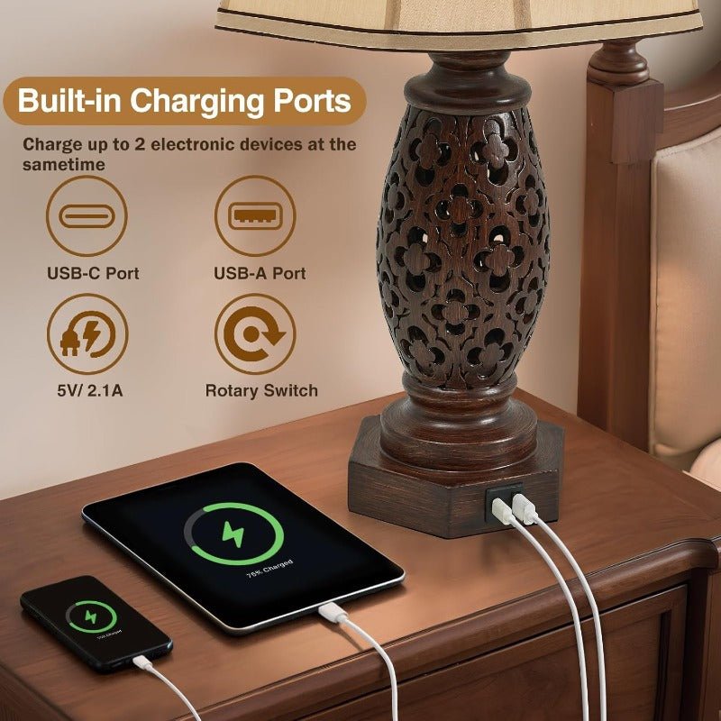 Bedside lamp set (2-pack) - 23.5-inch vintage table lamp, equipped with USB A+C ports and night light function - brown carved resin farmhouse style desk lamp, suitable for bedroom, side table and living room, bulbs included