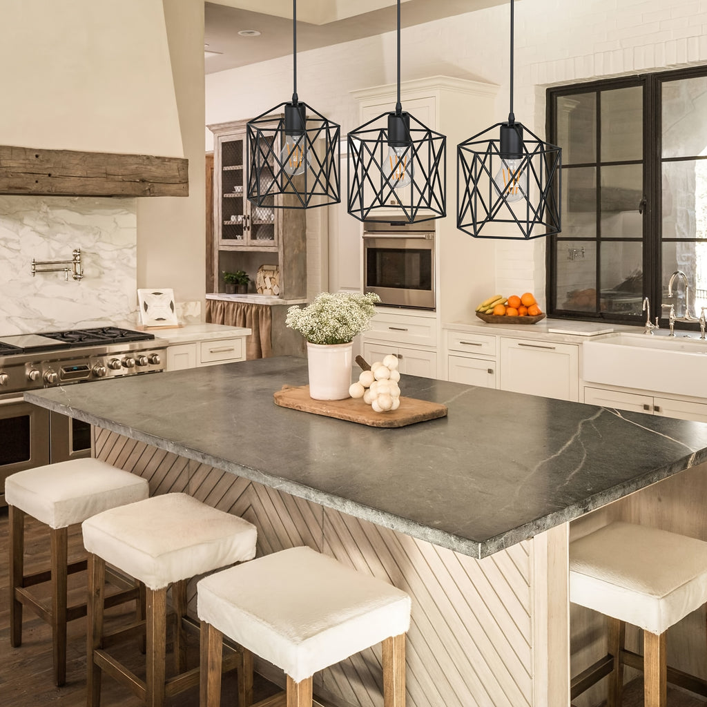 3-Light industrial pendant light, height adjustable up to 43.3 inches chandelier, black metal geometric cage pendant light, ceiling lighting fixture, suitable for dining room, kitchen island, living room or bedroom, restaurant, hotel, home decoration