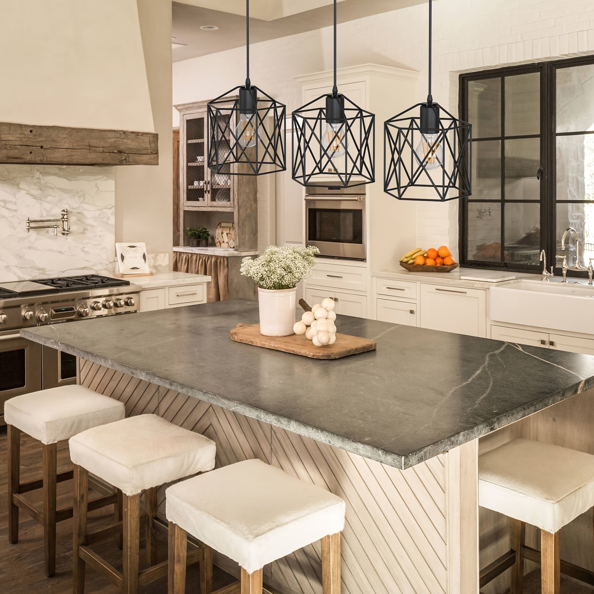 3-Light industrial pendant light, height adjustable up to 43.3 inches chandelier, black metal geometric cage pendant light, ceiling lighting fixture, suitable for dining room, kitchen island, living room or bedroom, restaurant, hotel, home decoration
