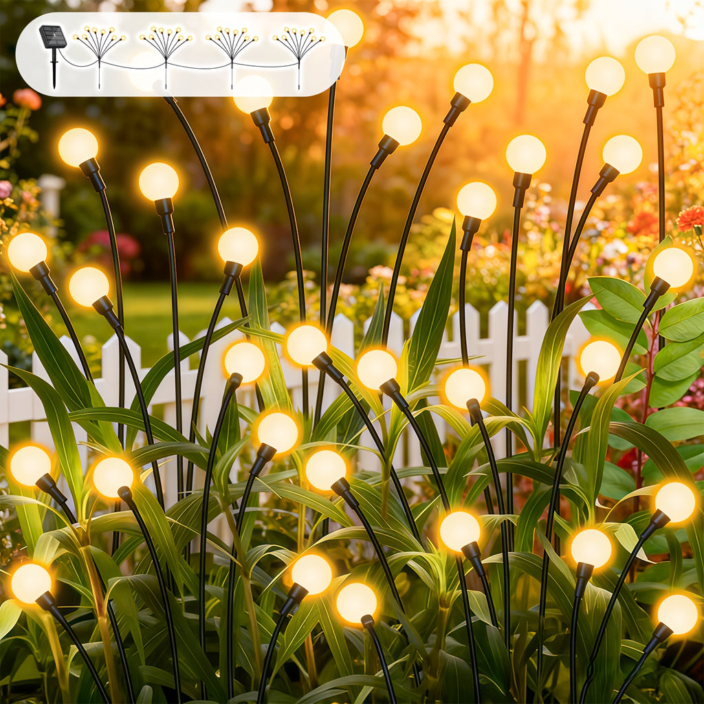 Set of 4 Solar Firefly Garden Lights, Equipped with 32 LED Beads, Featuring 12 Different Lighting Modes. These Lights Automatically Turn On at Night, Perfect for Use in Courtyards, Walkways, Gardens, Parties, Weddings, Festivals and Camping Decor.