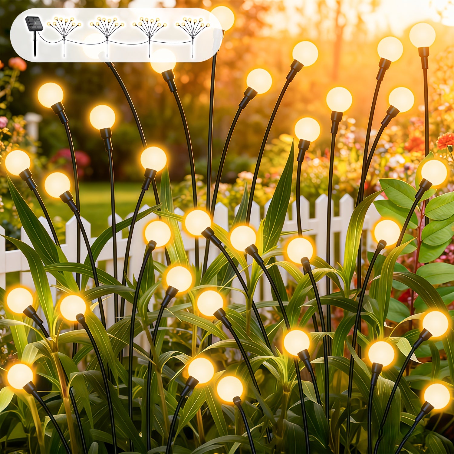 Set of 4 Solar Firefly Garden Lights, Equipped with 32 LED Beads, Featuring 12 Different Lighting Modes. These Lights Automatically Turn On at Night, Perfect for Use in Courtyards, Walkways, Gardens, Parties, Weddings, Festivals and Camping Decor.