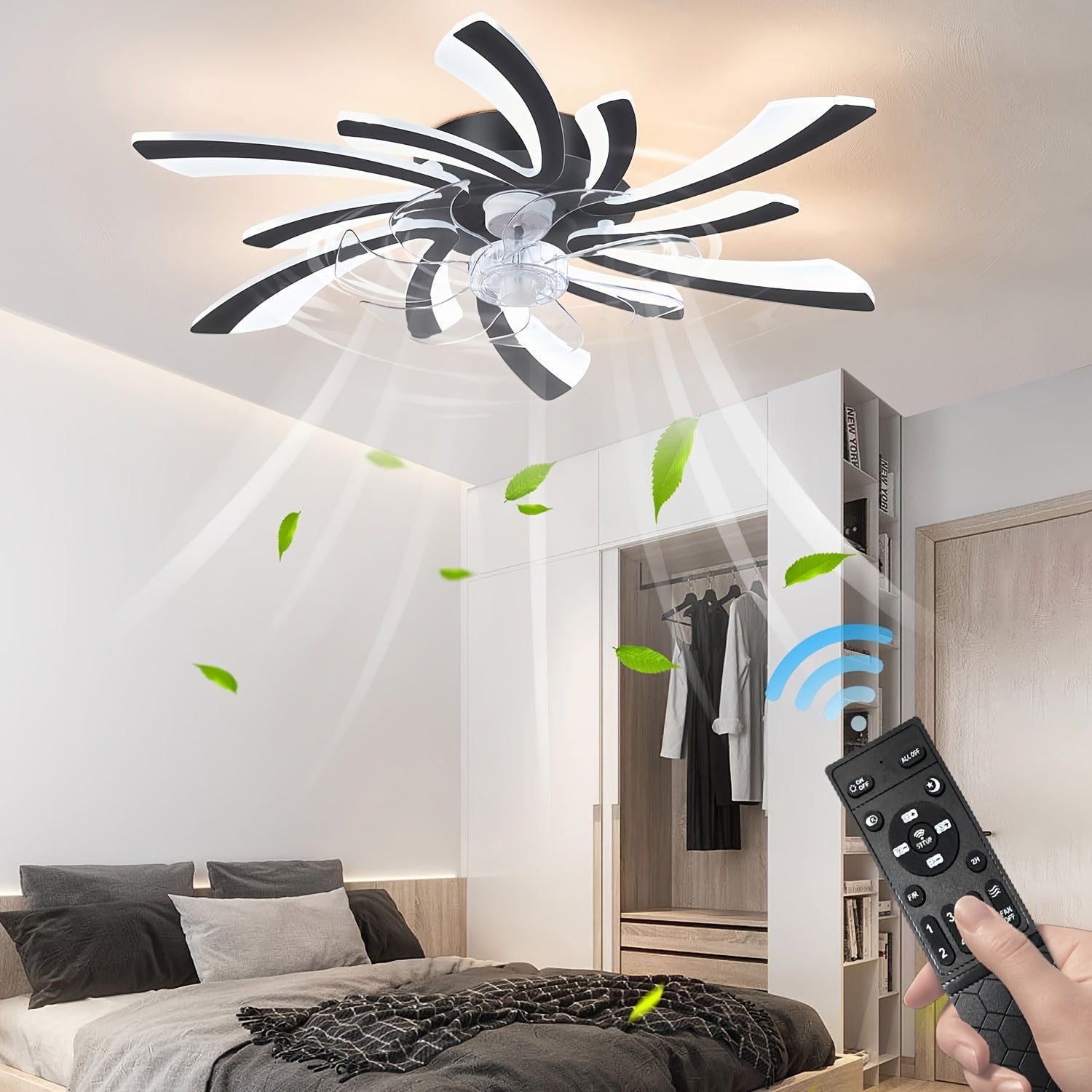Modern Black Flush Mount Ceiling Fan with Light, 31 Inch, Reversible 6 Speed Adjustable, Remote Control Included, Ceiling Fan Chandelier with Bright Light for Bedroom, Living Room, Kitchen, Office