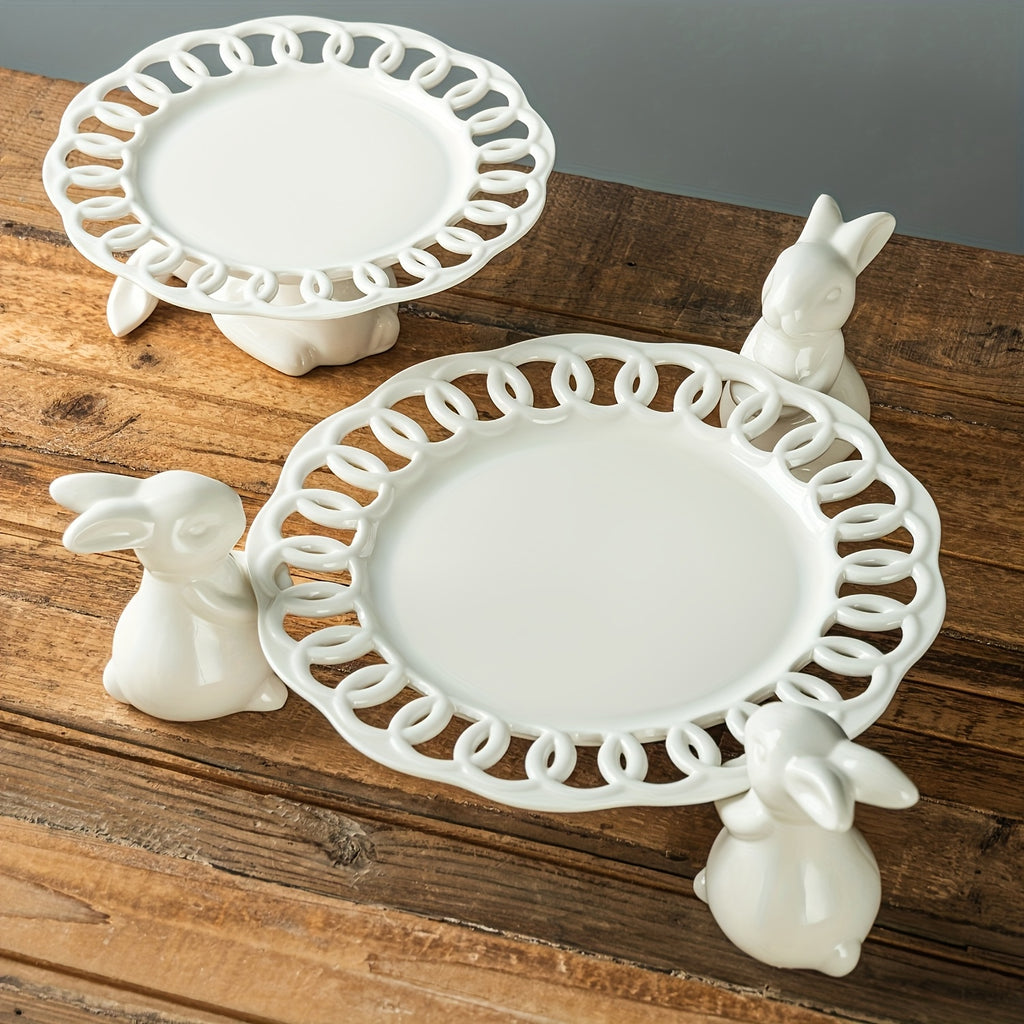Ceramic Rabbit Cake Tray Dessert Stand Deep Fruit Plate, Ideal for All Kinds of Party Snack Trays, European Creative Decorative Storage Display Pierced Tray/ Fr: Plat à gâteau en céramique lapin, Support à desserts, Plat profond à fruits