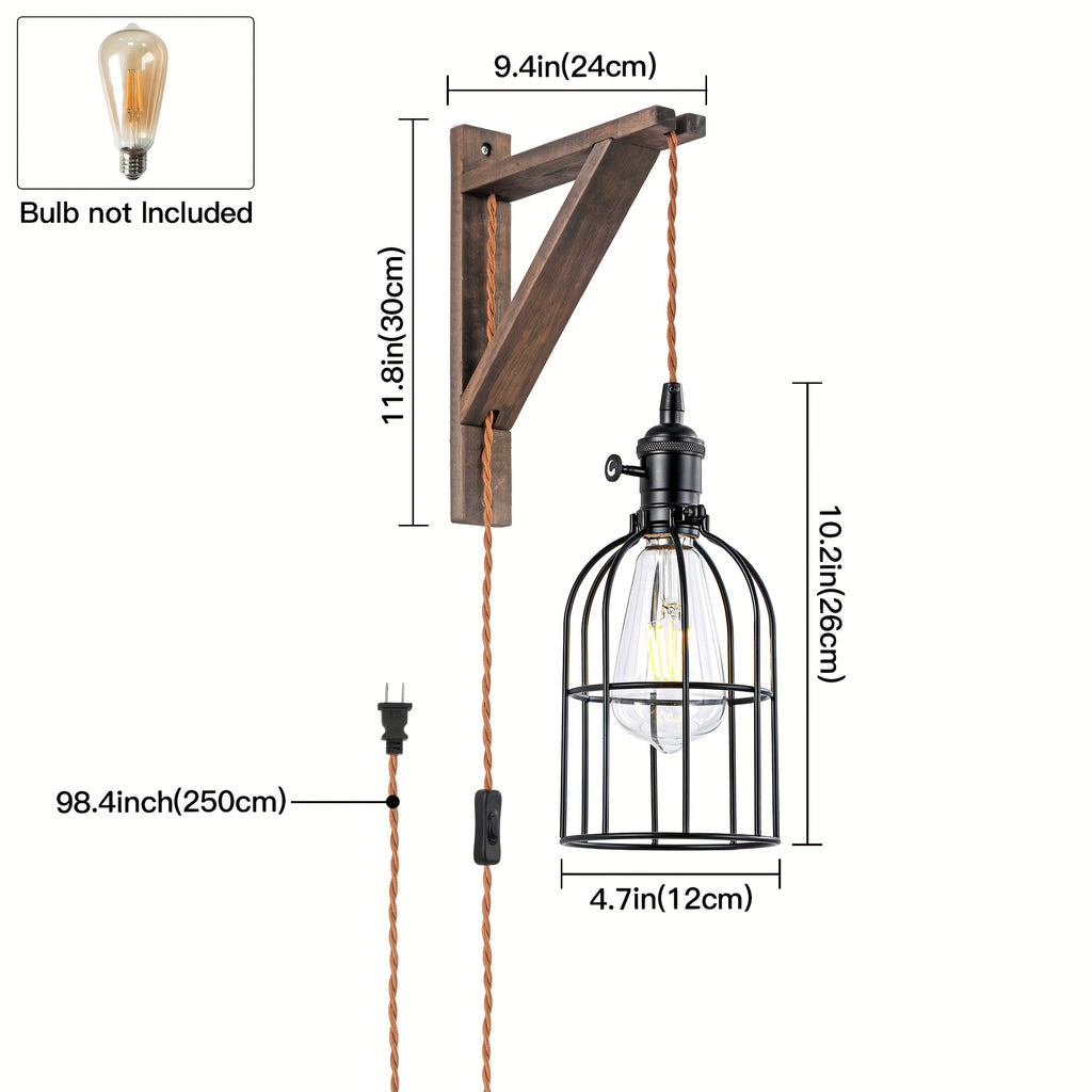 Two-Piece or One-Piece Plug-In Wall Light Without Wiring - Farmhouse Style Metal Cage and Wood Bracket Bedside Lamp, Suitable for Bedroom Headboard (Easy-to-Install Barn Light Decor) (Bulb Not Included)