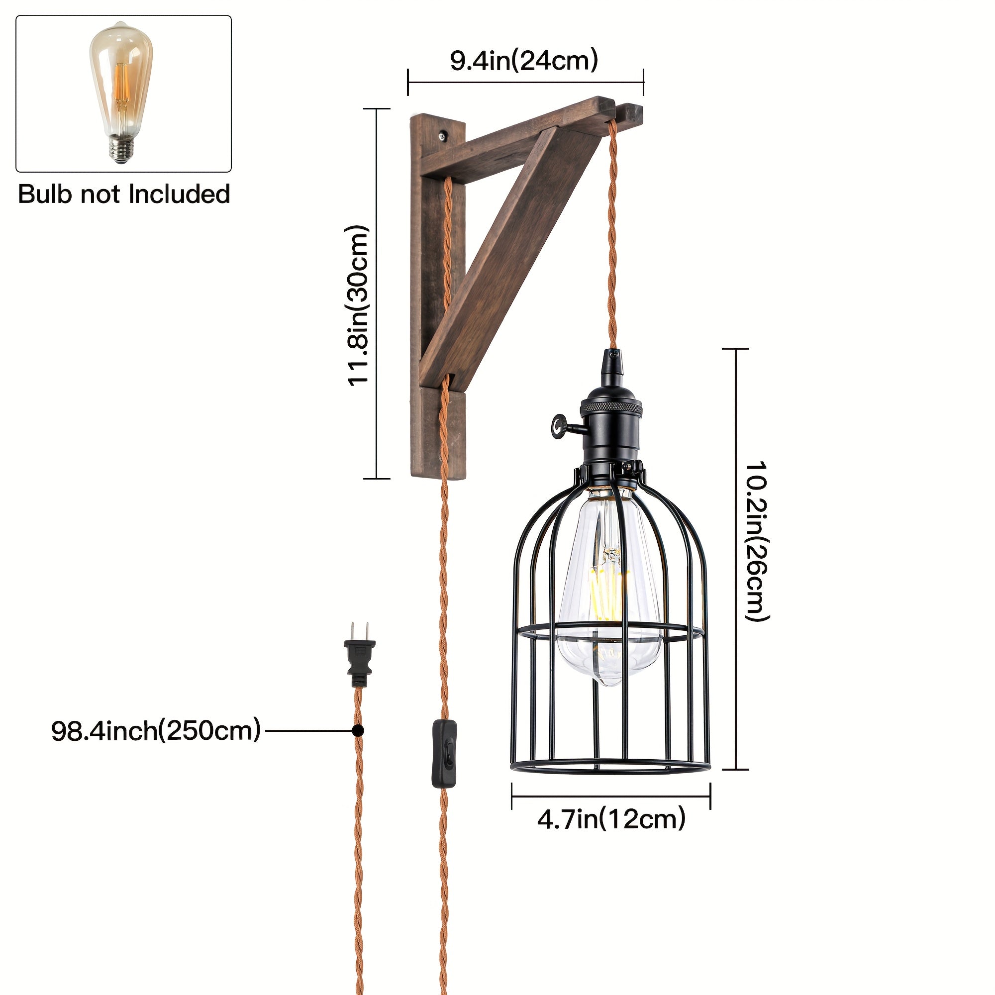 Two-Piece or One-Piece Plug-In Wall Light Without Wiring - Farmhouse Style Metal Cage and Wood Bracket Bedside Lamp, Suitable for Bedroom Headboard (Easy-to-Install Barn Light Decor) (Bulb Not Included)