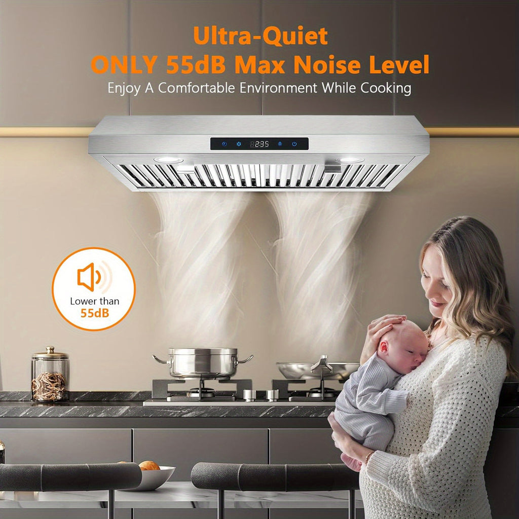 30-Inch Under-Cabinet Range Hood, 3-Way Exhaust, Silver Stainless Steel Construction with Baffle Filter, Kitchen Ventilator, Under-Cabinet Design, 3-Speed Exhaust Fan, Touch Control