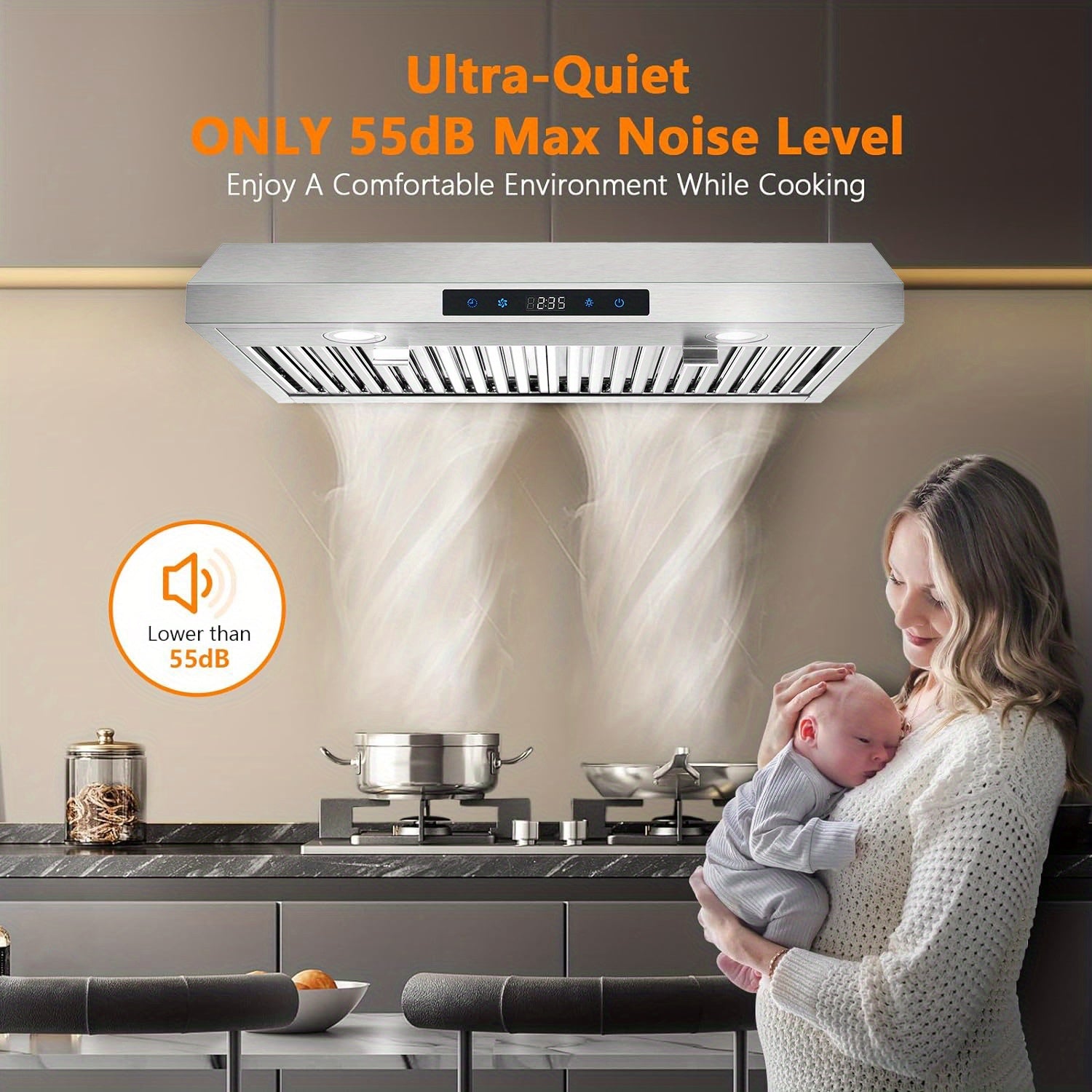 30-Inch Under-Cabinet Range Hood, 3-Way Exhaust, Silver Stainless Steel Construction with Baffle Filter, Kitchen Ventilator, Under-Cabinet Design, 3-Speed Exhaust Fan, Touch Control