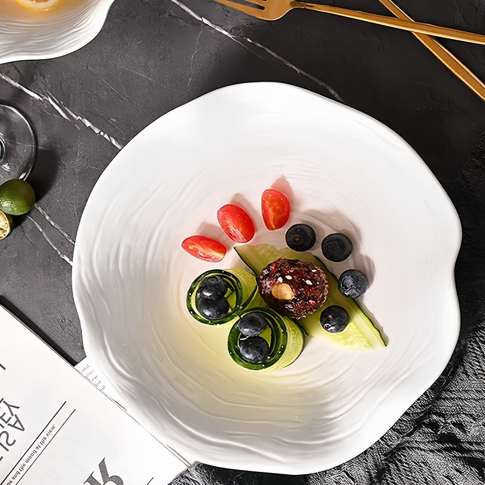 1 Piece Elegant White Ceramic Dessert & Salad Bowl, 8.4 Inches Lotus Design, Microwave Safe – Perfect for Noodles, Cereal, Soup | Novel Tableware for Home, Restaurant, Noodle Bowl