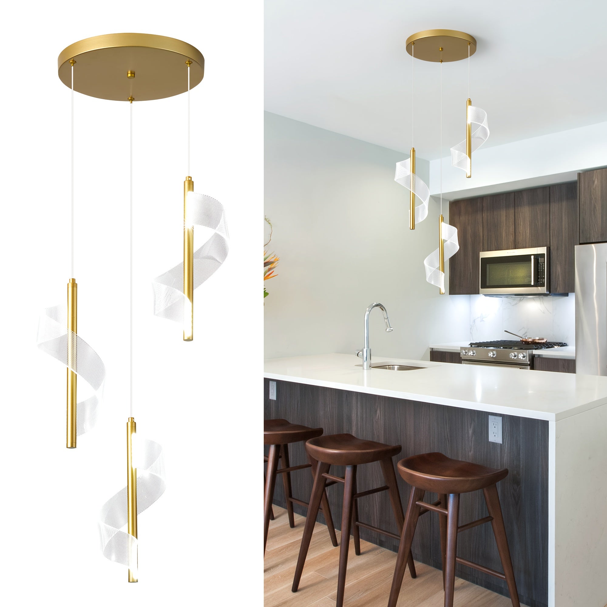 Ganeed modern ceiling gold pendant light, LED 6000K cool white 3-light pendant light, 18W height-adjustable semi-flush mount pendant lighting fixture, suitable for kitchen island, dining table, living room