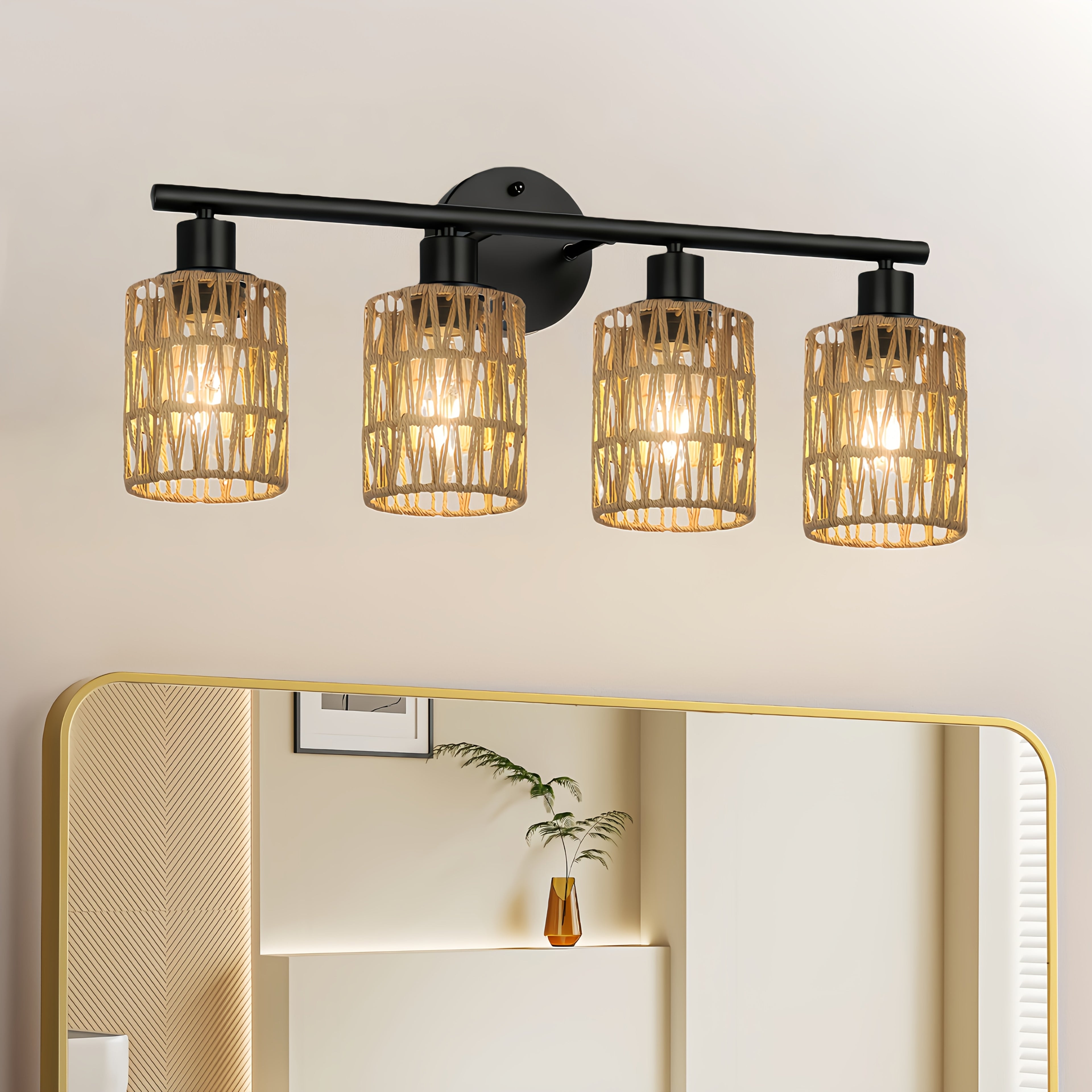 Farmhouse style 4-light hardwired semi-flush mount / ceiling mount vanity mirror light, with hand-woven lampshade — vintage cast iron top-mount wall light, suitable for bathroom, bedroom, hallway mirror installation (mirror not included)