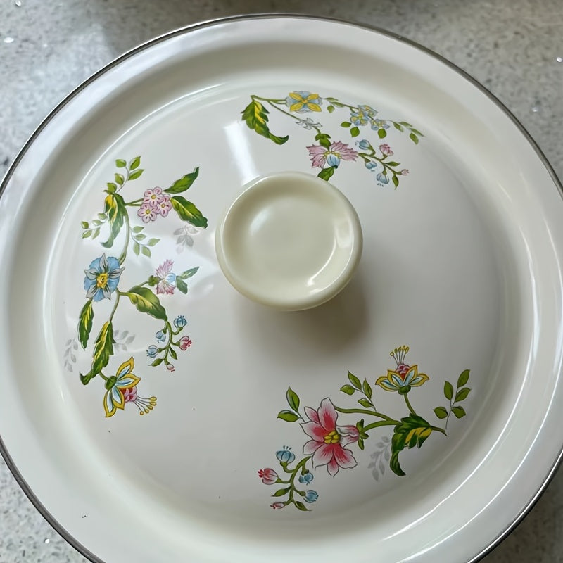 Multifunctional Enamel Thick Soup Bowl with Lid, Floral Pattern – Scratch-Resistant & Durable – Perfect for Home Cooking & Catering – Dishwasher Safe, Permanent Kitchen Essential