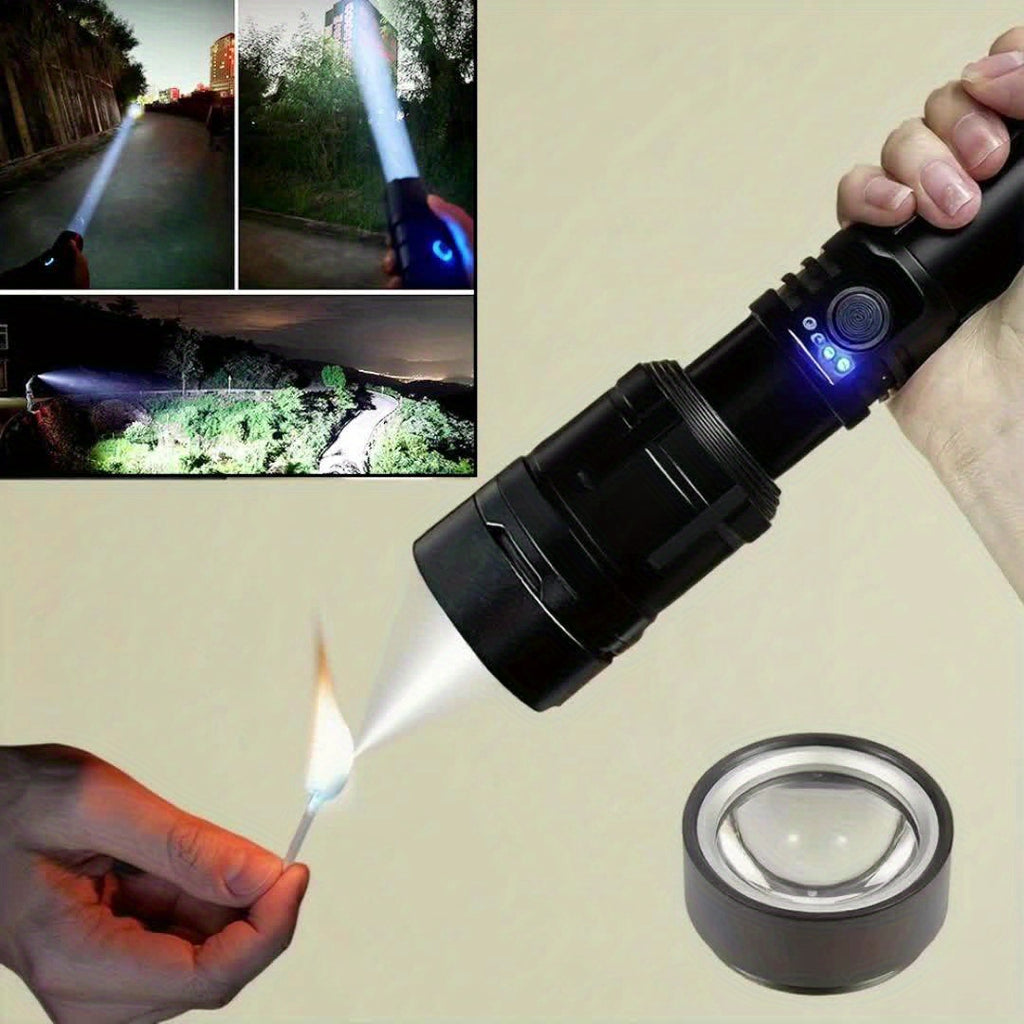 Ignition Aluminum Alloy Flashlight, Fresnel Lens Equipped, Rechargeable LED Light, 5 Modes High Lumen Flashlight, 5000mAh Battery Type-C Fast Charging, Long Range IP44 Waterproof, Ideal for Camping Night Use and Gift Giving