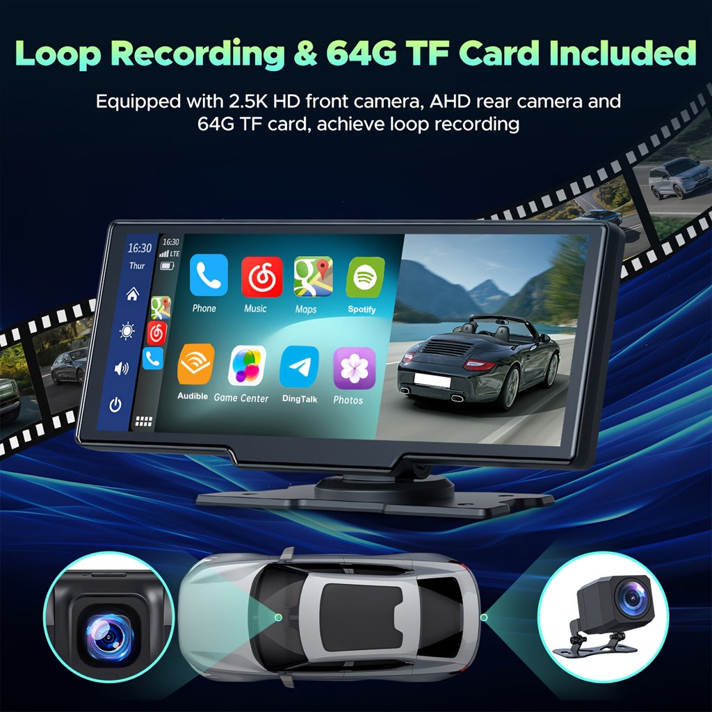Lamtto 10.26" Wireless Carplay Display for Vehicles with 2.5K + 1080P Dash Cam, Portable Car Stereo GPS Navigation, Car Audio, Supports Android Auto, Airplay, Mirror Link, Compatible with 64GB TF Card, Universal Fit for All Vehicles