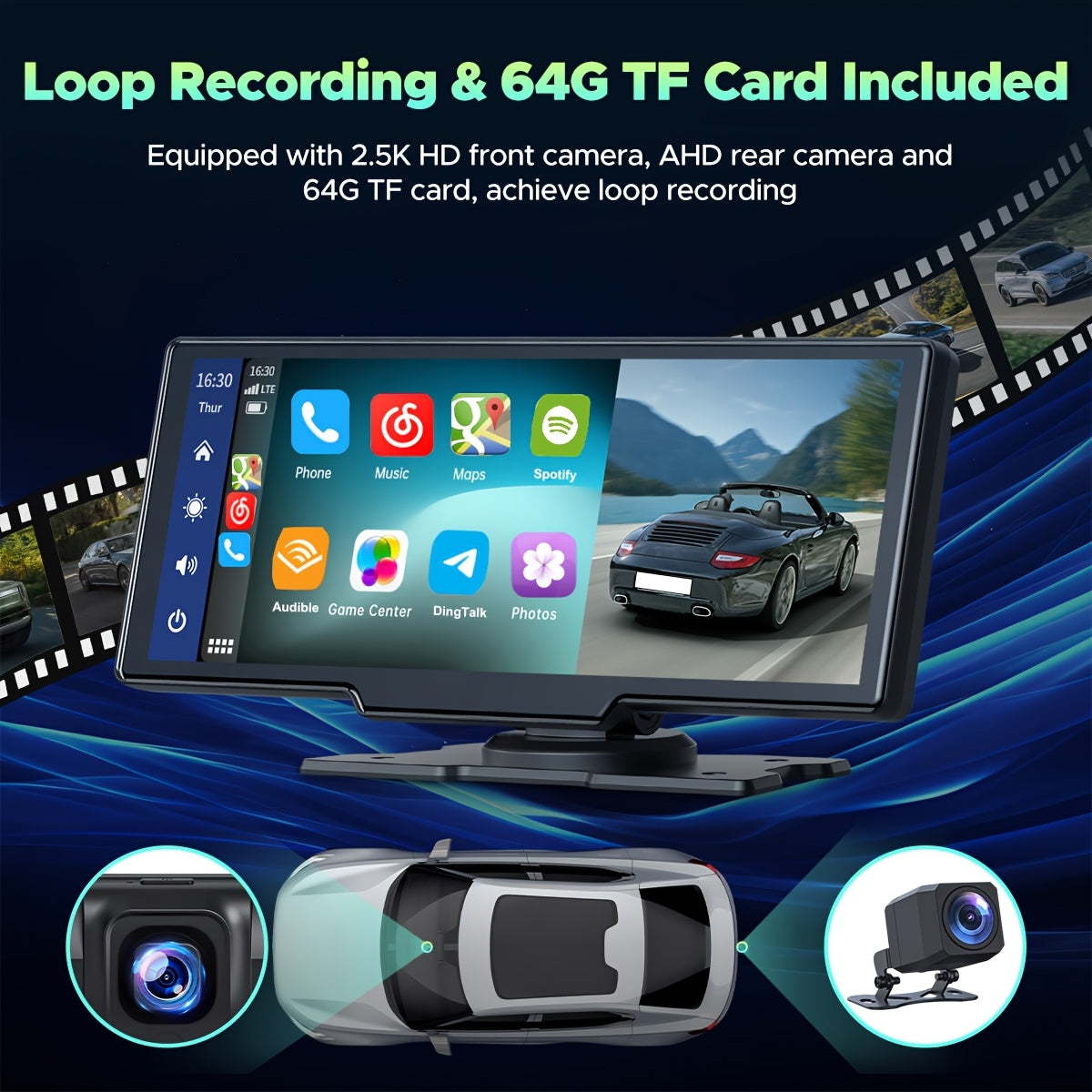 Lamtto 10.26" Wireless Carplay Display for Vehicles with 2.5K + 1080P Dash Cam, Portable Car Stereo GPS Navigation, Car Audio, Supports Android Auto, Airplay, Mirror Link, Compatible with 64GB TF Card, Universal Fit for All Vehicles