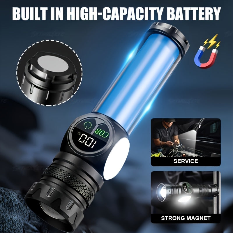 Super Bright USB Rechargeable LED Flashlight, Magnetic Base, 5 Lighting Modes, Digital Display, Type-C Fast Charging, Perfect for Outdoor Activities, Emergencies and Camping