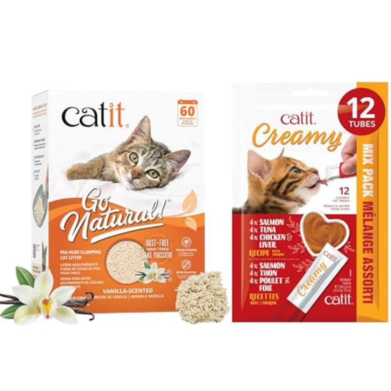 Go Natural 豌豆壳结团猫砂 香草味 3.7加仑 + 奶油舔食式猫咪零食组合装 12支装 1包